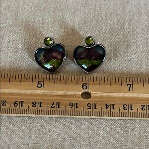 Chico's Silver Heart Earrings with Green Accents